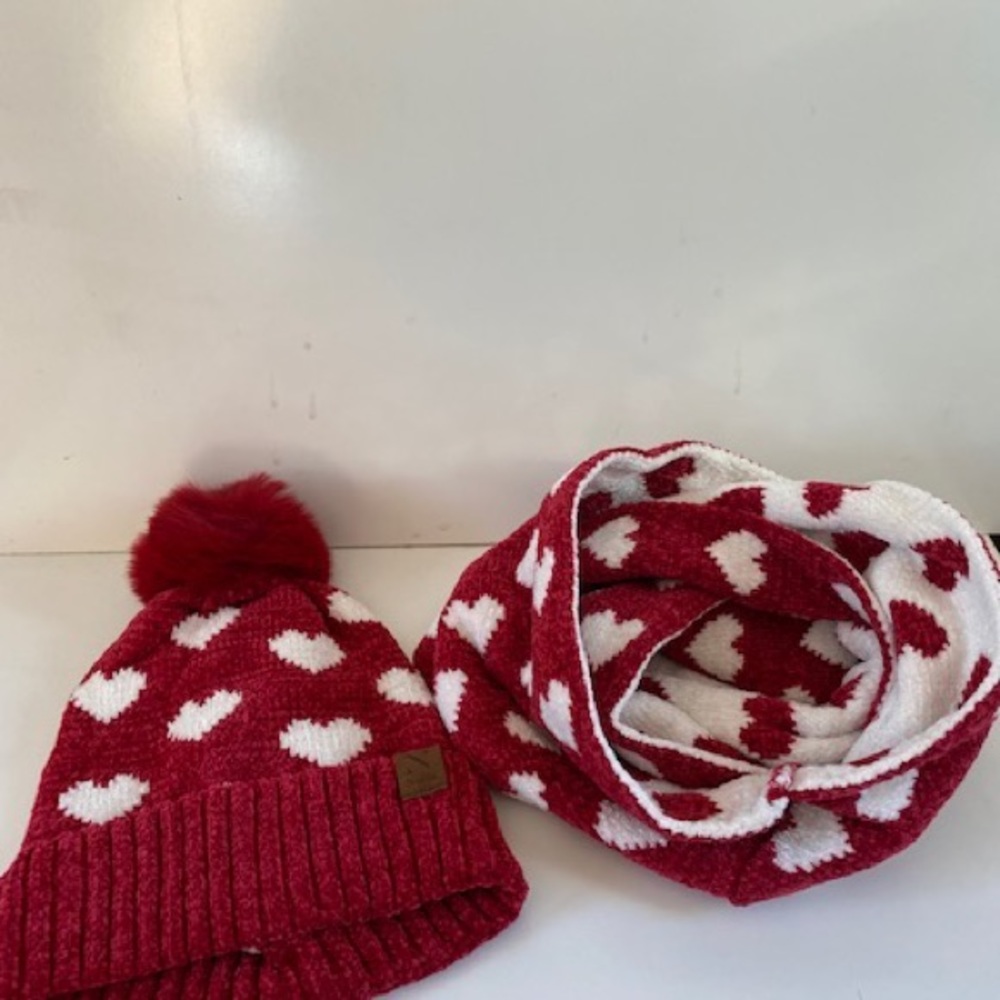 Soft Warm Red And White Heart Pom Pom Beanie And Reversible Infinity Sca…